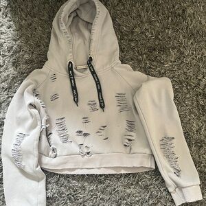 Gray Cropped Distressed Hoodie